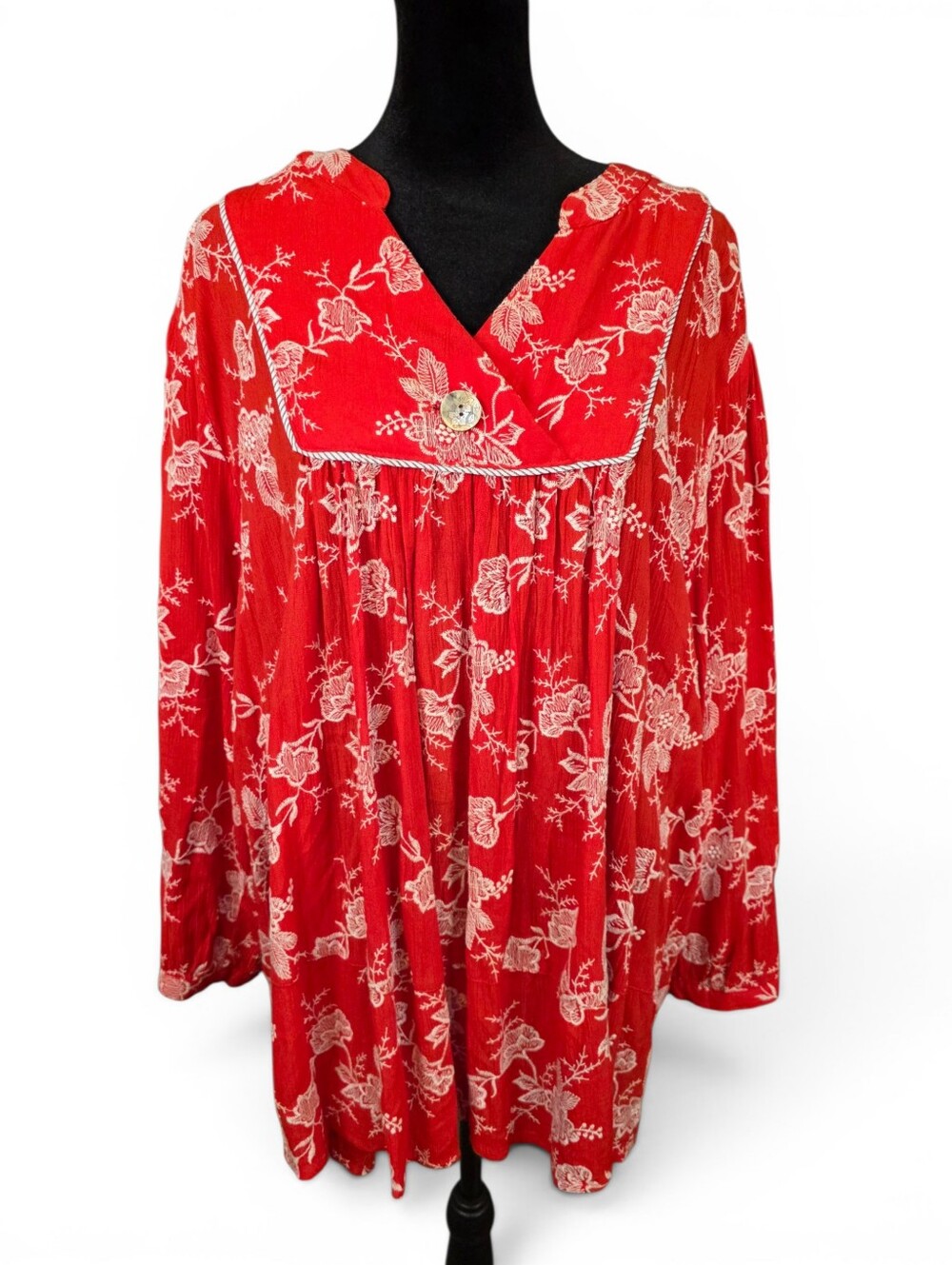 Red Floral Embroidered Boho Babydoll Crinkle Tunic Top XL Rayon Long Sleeve